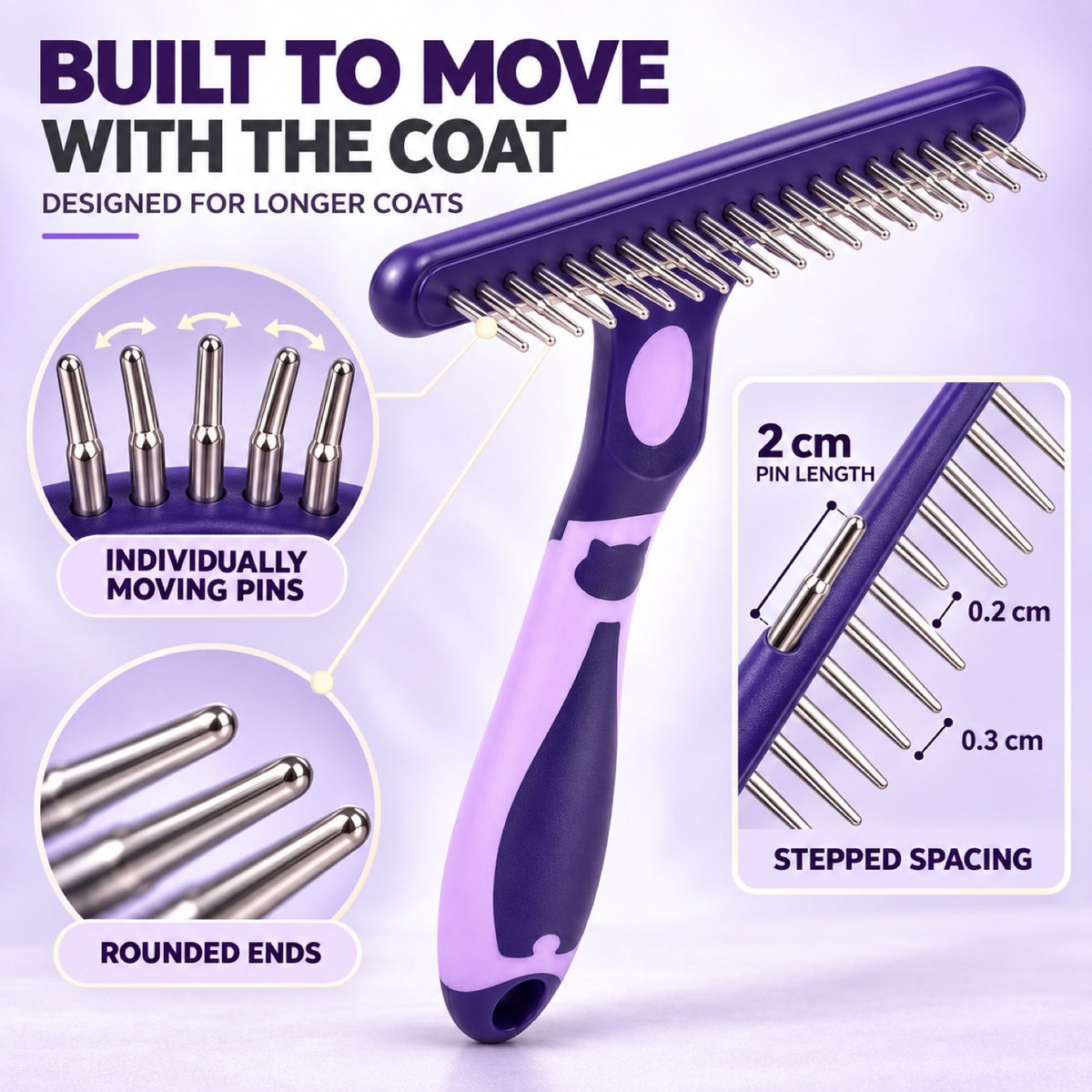 Flexible-Pin Pet Grooming Rake, 2 Sizes and 2 Colors, By GAVPEPY image 3 - 2.jpg