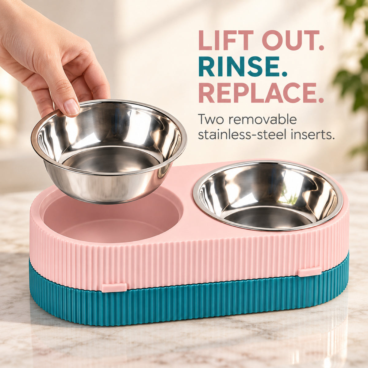 GAVPEPY Stainless Steel Double Pet Bowl Set, 31.5 x 16.5 x 9.3 cm, Pink and Green or Blue and Yellow, for Everyday Dog and Cat Meals or Water at Home, two removable-looking bowls in a joined base; a practical feeding setup for daily pet-care routines image 3 - 2.jpg