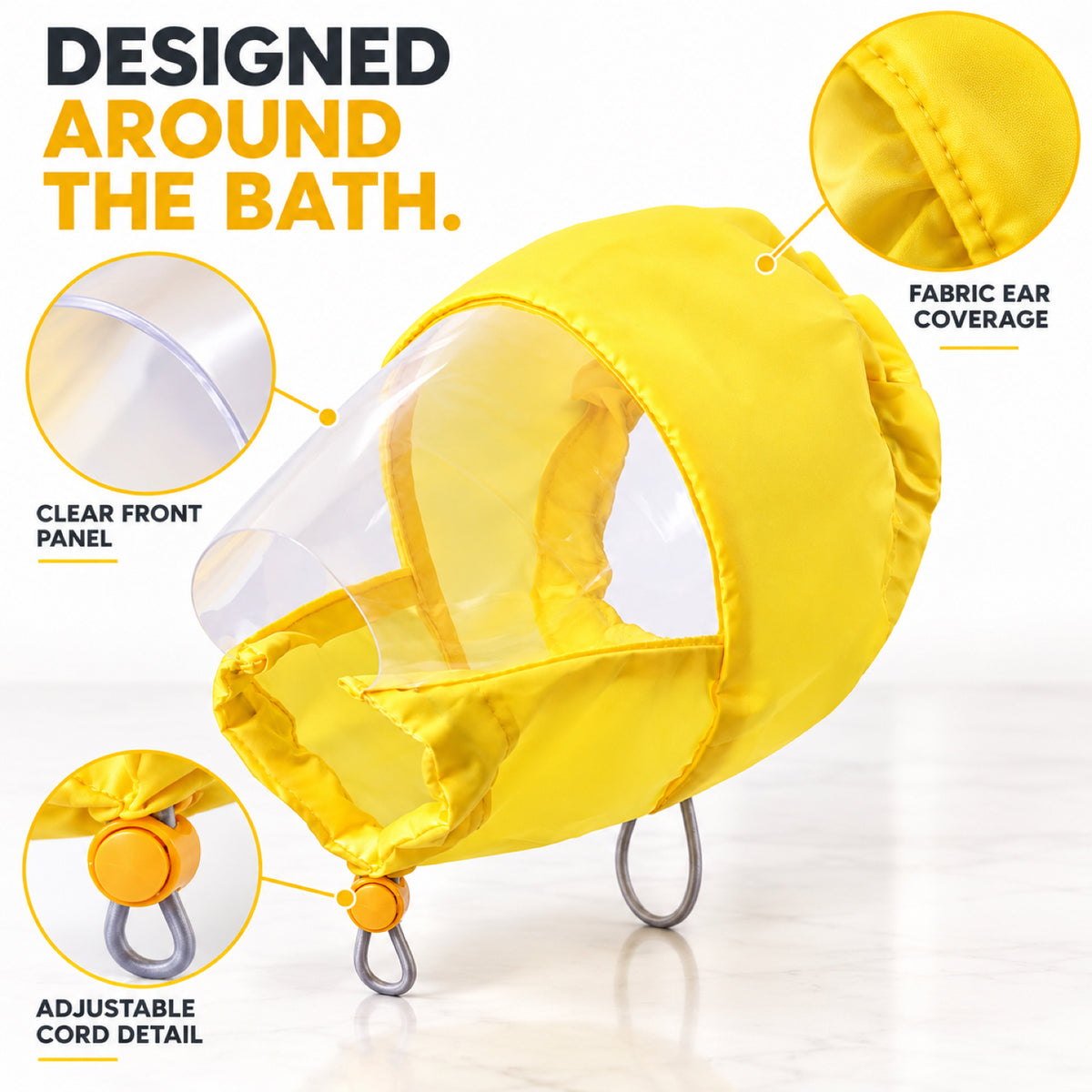 GAVPEPY Polyester and EVA Dog Bath Ear Cover Hood, Yellow in S or L, for covering the ear area during supervised splash-prone baths, home bathing, wash stations and grooming sessions, a bright hood, clear face panel and adjustable lower opening form image 3 - 2.jpg