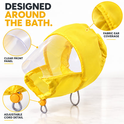 GAVPEPY Polyester and EVA Dog Bath Ear Cover Hood, Yellow in S or L, for covering the ear area during supervised splash-prone baths, home bathing, wash stations and grooming sessions, a bright hood, clear face panel and adjustable lower opening form image 3 - 2.jpg