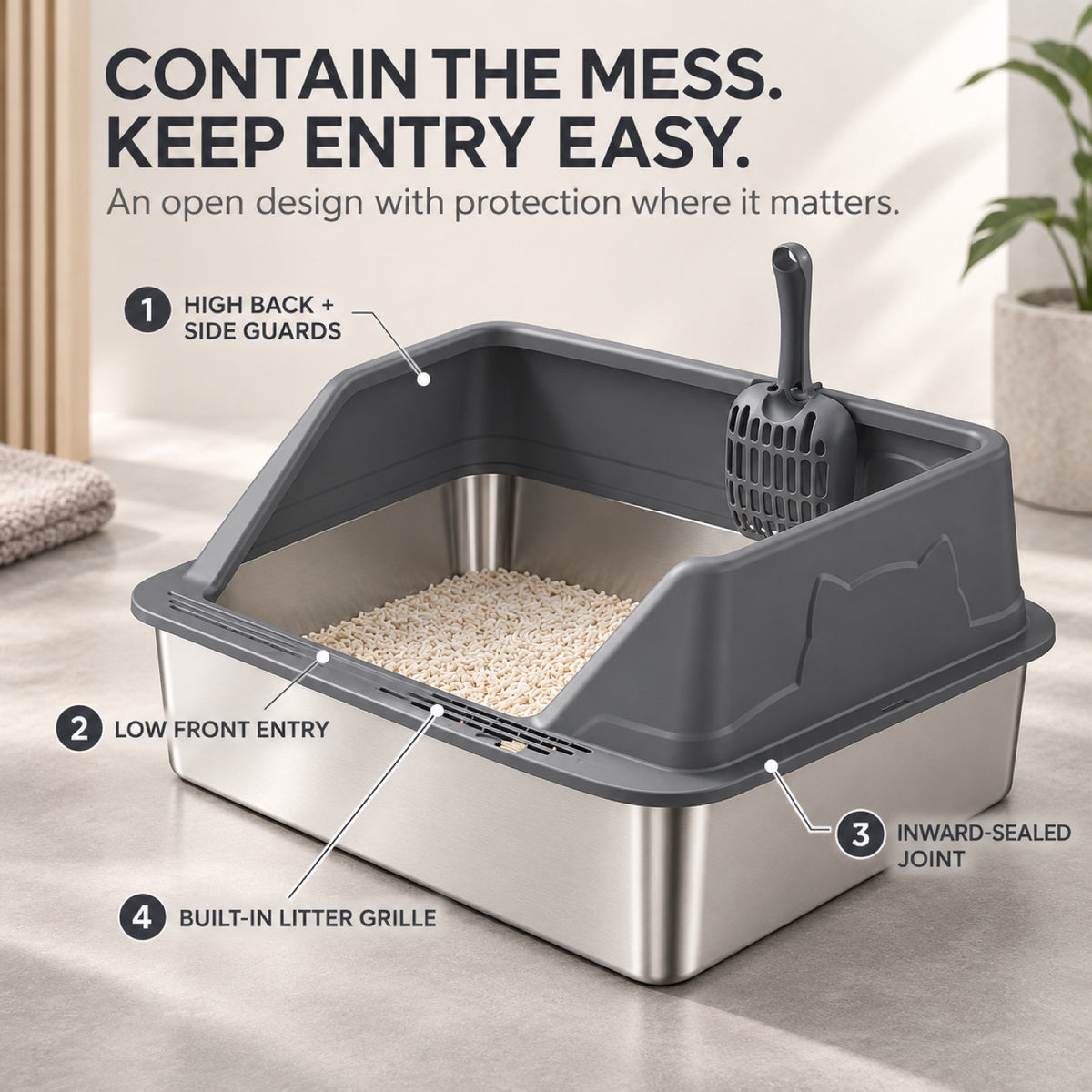 GAVPEPY Extra Large Stainless Steel High-Sided Cat Litter Box, 56 Options image 3 - 2.jpg
