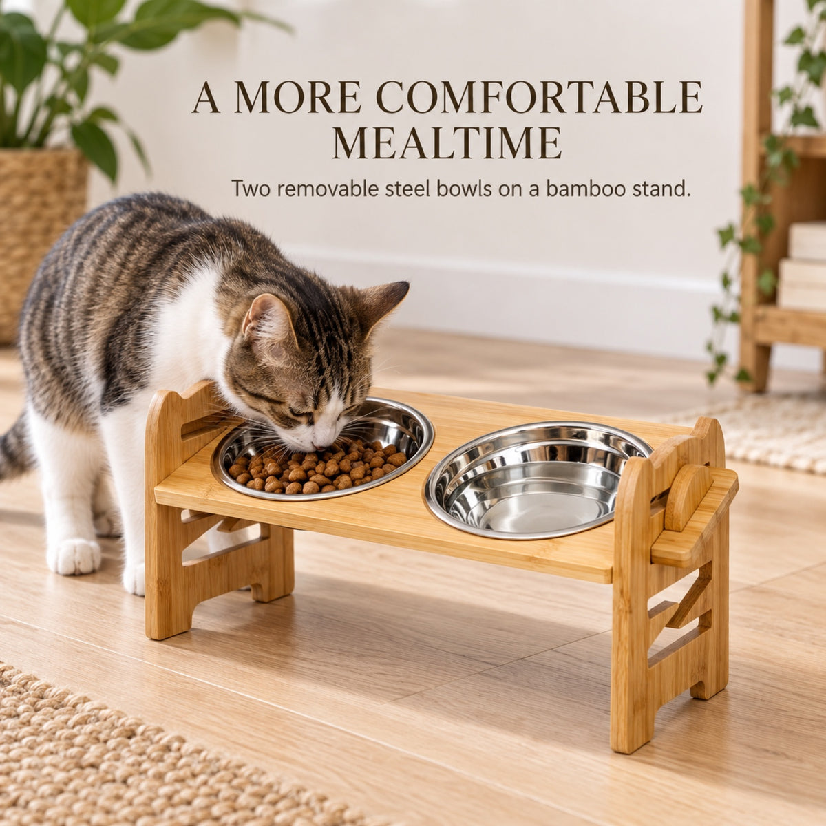 GAVPEPY Bamboo Double Pet Bowl Stand, three frame sizes from 42 to 42.5 cm wide, natural bamboo, for Everyday Dog and Cat Meals or Water at Home, two bowl positions in a raised bamboo frame; a practical feeding setup for daily pet-care routines image 3 - 2.jpg
