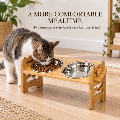 GAVPEPY Bamboo Double Pet Bowl Stand, three frame sizes from 42 to 42.5 cm wide, natural bamboo, for Everyday Dog and Cat Meals or Water at Home, two bowl positions in a raised bamboo frame; a practical feeding setup for daily pet-care routines image 3 - 2.jpg