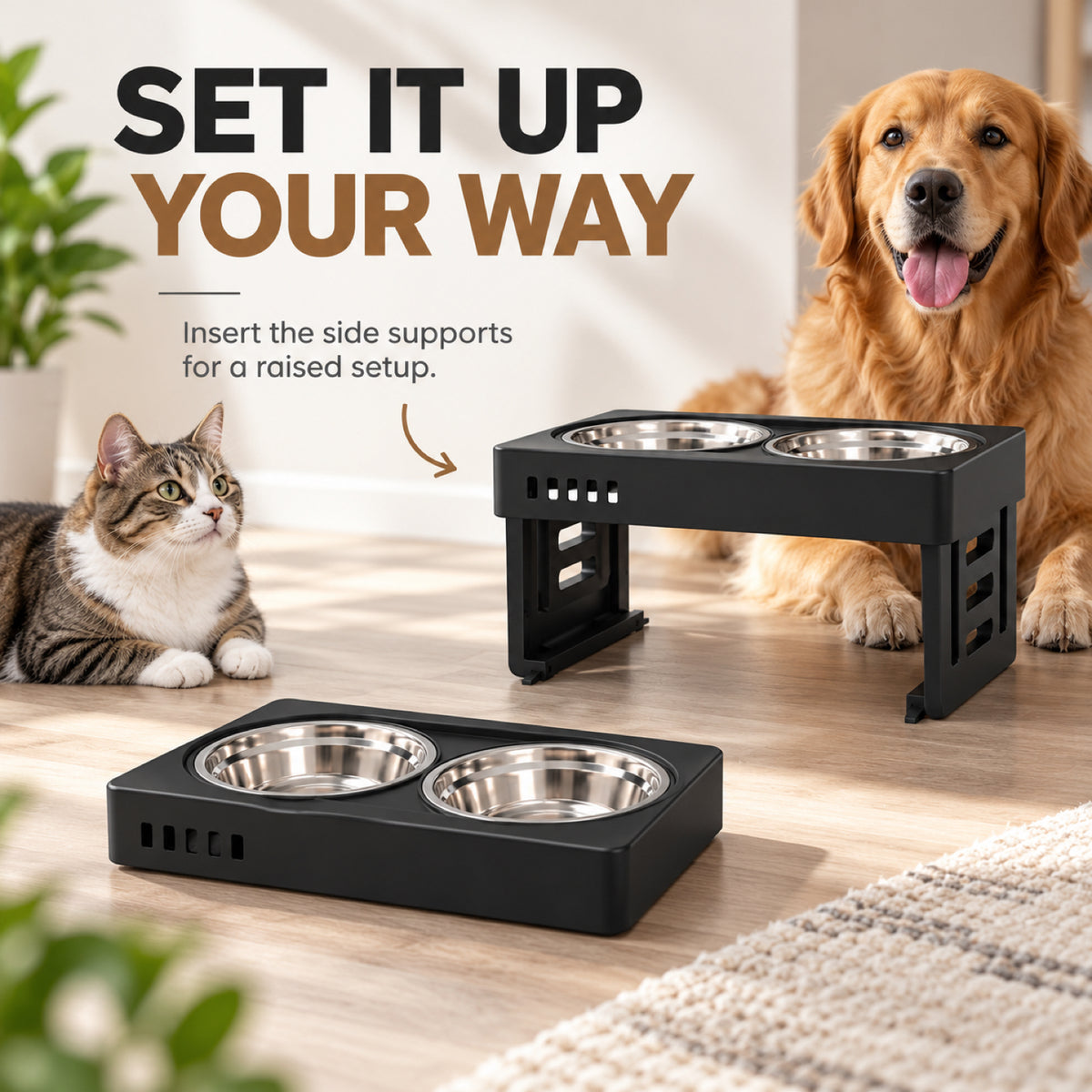 GAVPEPY Adjustable Double Pet Bowl Stand, 44 x 27.5 x 7.3 cm, Black or Gray, for Everyday Dog and Cat Meals or Water at Home, two raised feeding positions; a practical feeding setup for daily pet-care routines image 3 - 2.jpg