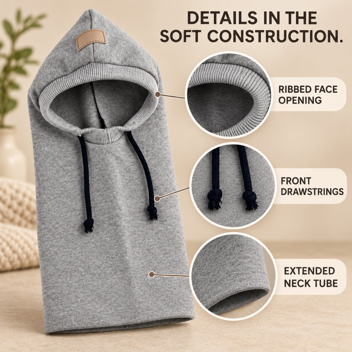 GAVPEPY Polyester Hooded Dog Ear and Neck Wrap, Black, Gray or Green in S, M and L, for covering ears and neck during supervised daily outings, cool-weather walks, travel and home routines, a long neck panel, open face and visible drawcords create image 3 - 2.jpg