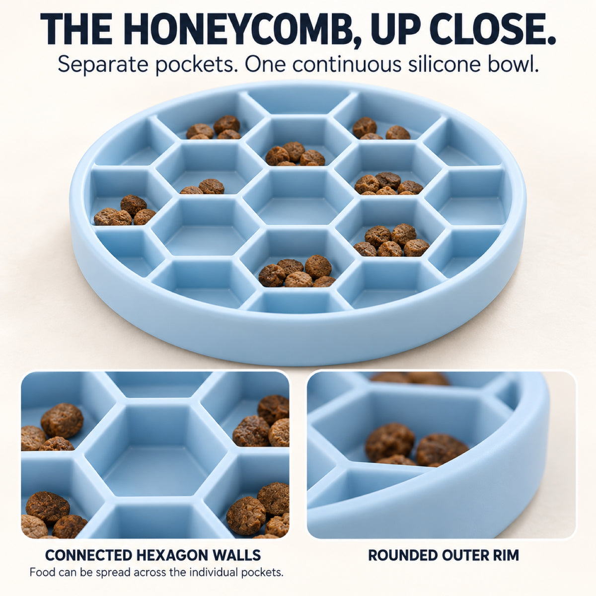 GAVPEPY Silicone Honeycomb Slow Feeder Bowl, 21 cm diameter, Blue, Green or Orange, for Everyday Dog and Cat Meals or Water at Home, raised honeycomb-style channels; a patterned surface separates portions across the bowl image 3 - 2.jpg