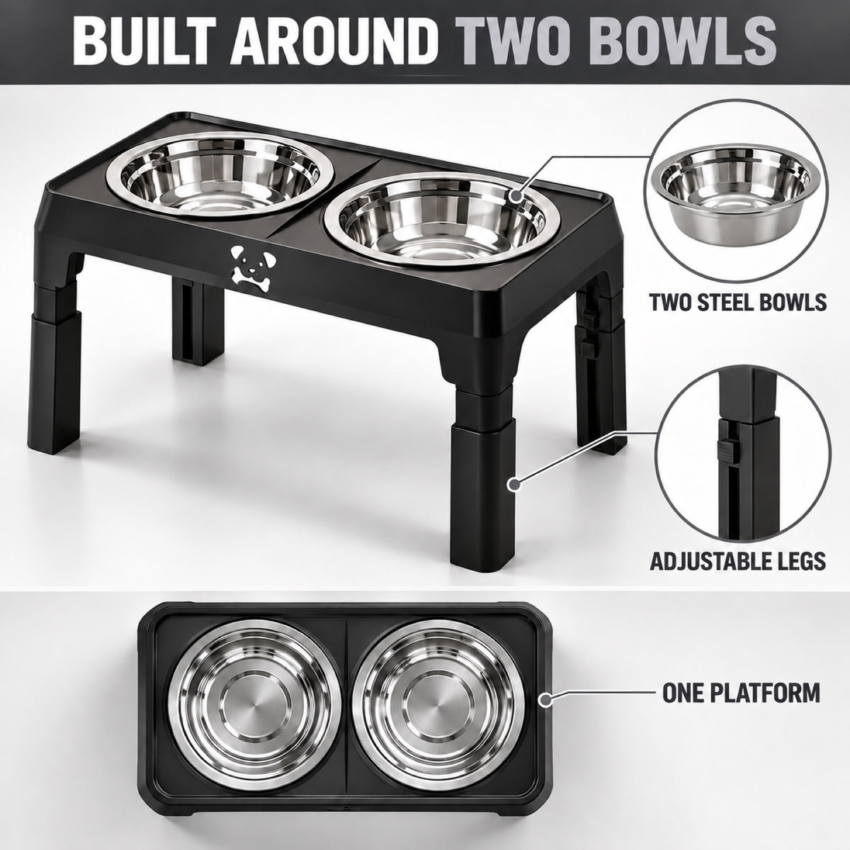 GAVPEPY Adjustable Double Stainless Steel Pet Bowl Stand, 43 x 24 x 8.5 cm, Black or Gray, for Everyday Dog and Cat Meals or Water at Home, two bowls in a foldable raised support; a practical feeding setup for daily pet-care routines image 3 - 2.jpg