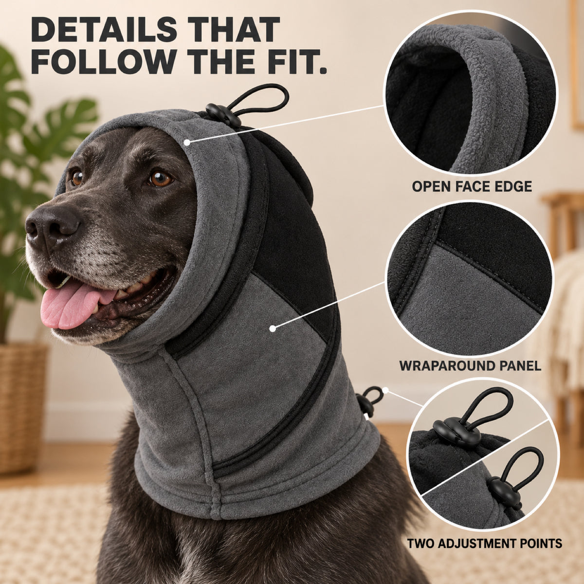 GAVPEPY Fleece-Style A-Shape Dog Head and Neck Wrap, Gray or Red in S, M, L and XL, for covering ears and neck during supervised cool-weather or noisy routines, walks, home, grooming and travel, an open face, layered neck section and adjustment image 3 - 2.jpg