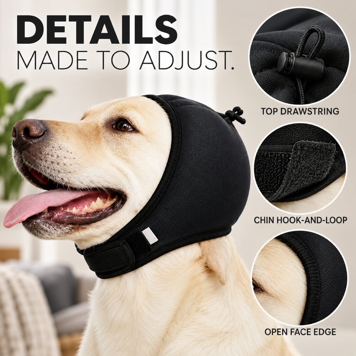 GAVPEPY Polyester Padded Dog Ear Cover Hood, Black or Blue in S, M and L, for covering canine ears during supervised noisy routines, home, travel, grooming visits and outdoor events, a smooth outer panel, dark inner lining and adjustable lower tab image 3 - 2.jpg
