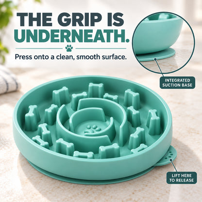 GAVPEPY Silicone Textured Slow Feeder Bowl, 20 x 20 x 4 cm, teal finish, for Everyday Dog and Cat Meals or Water at Home, raised pattern across the feeding surface; a patterned surface separates portions across the bowl image 3 - 2.jpg