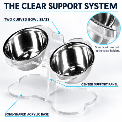 GAVPEPY Clear Acrylic Raised Double Pet Feeder, 32 x 22 x 16 cm; 5 mm panel listed, Clear, for Everyday Dog and Cat Meals or Water at Home, transparent raised panel with two bowl positions; a practical feeding setup for daily pet-care routines image 3 - 2.jpg