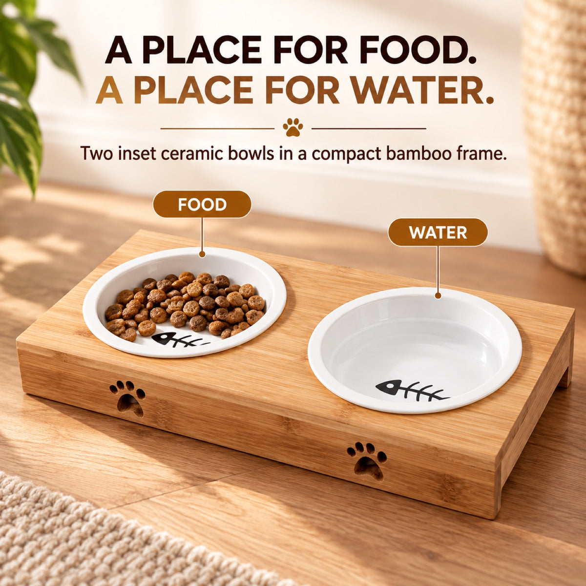 GAVPEPY Bamboo Stand with Two Ceramic Pet Bowls, stand 29.5 x 14.1 x 5.3 cm, natural bamboo and white bowls, for Everyday Dog and Cat Meals or Water at Home, two ceramic bowls seated in a low bamboo frame; a practical feeding setup for daily image 3 - 2.jpg