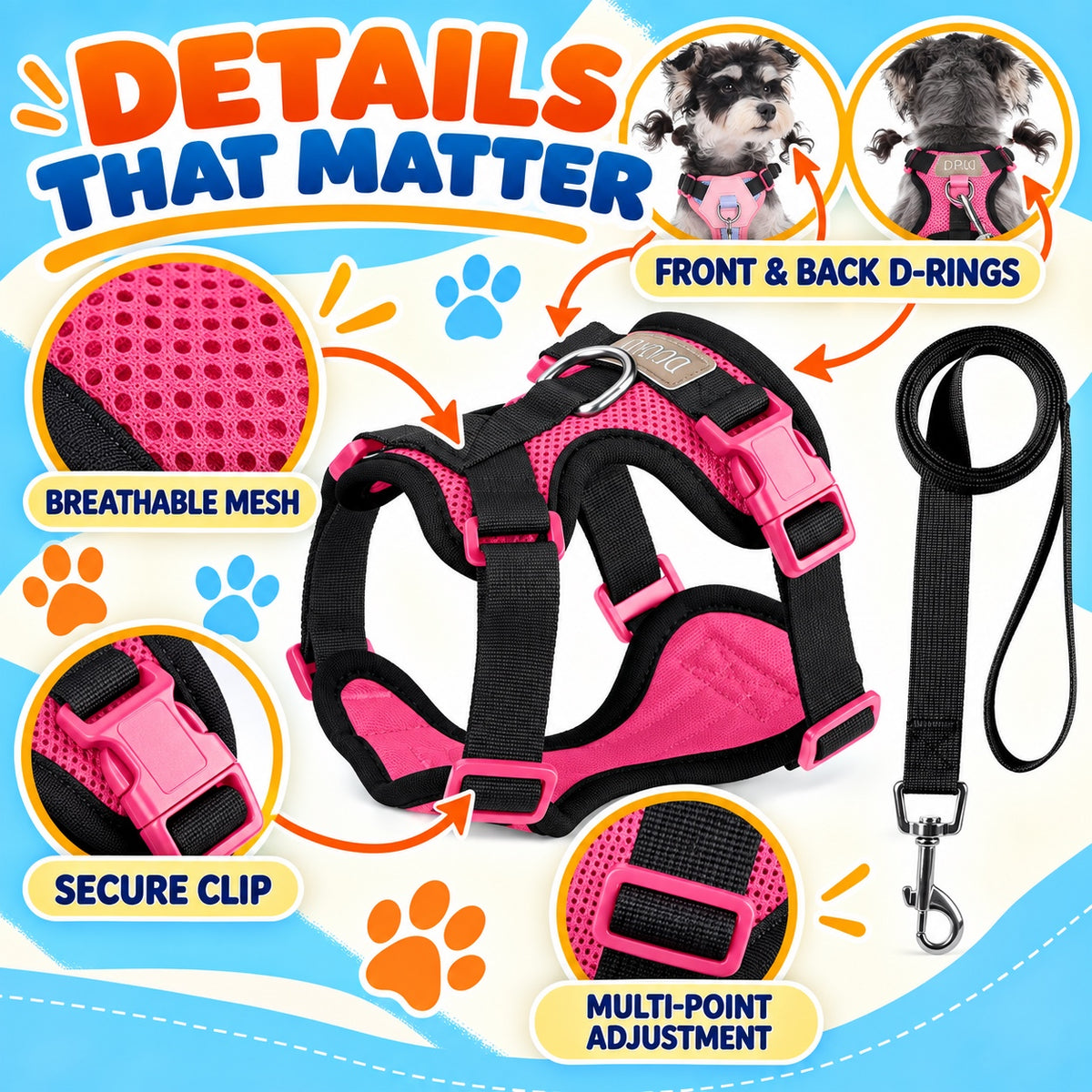 Breathable Mesh Dog Harness and Leash Set, 6 Colors and 4 Sizes, By GAVPEPY image 3 - 2.jpg