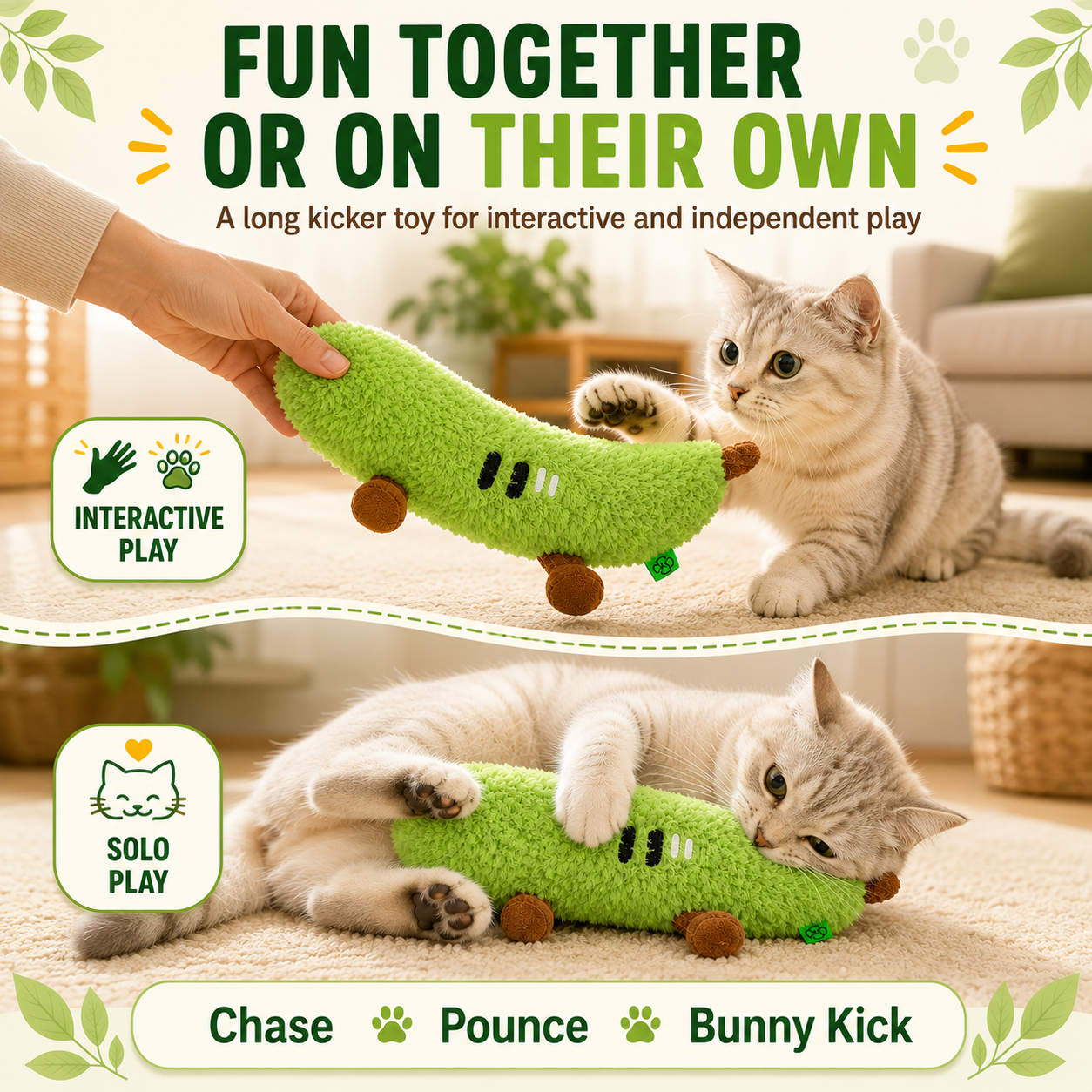 Green Cucumber Catnip Kicker Toy with Squeaker image 3