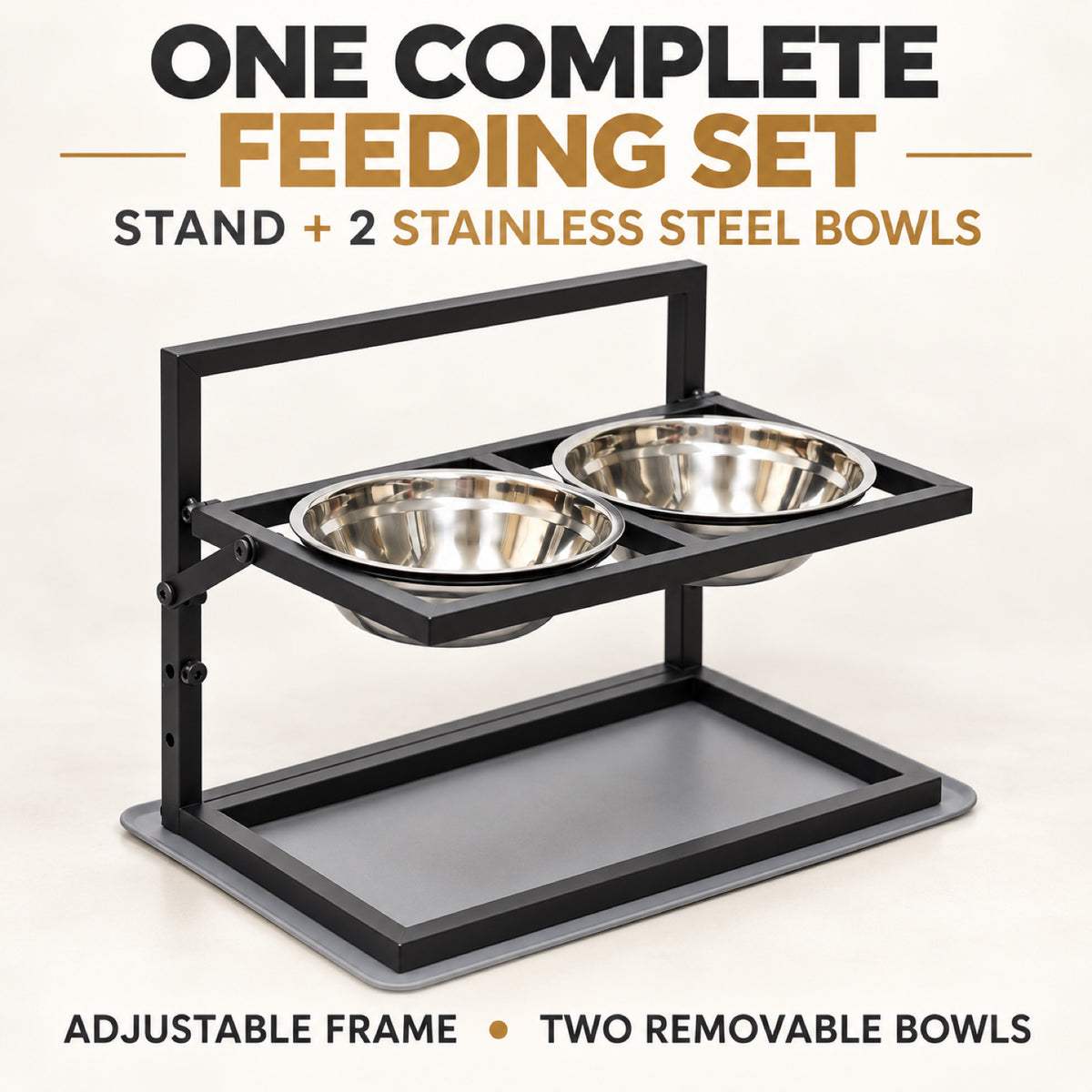 GAVPEPY Metal Raised Double Dog Bowl Stand, 42 x 32 x 25.5 cm, Black frame with two bowls, for Everyday Dog and Cat Meals or Water at Home, metal frame holding two stainless-look bowls; a practical feeding setup for daily pet-care routines image 4 - 3.jpg