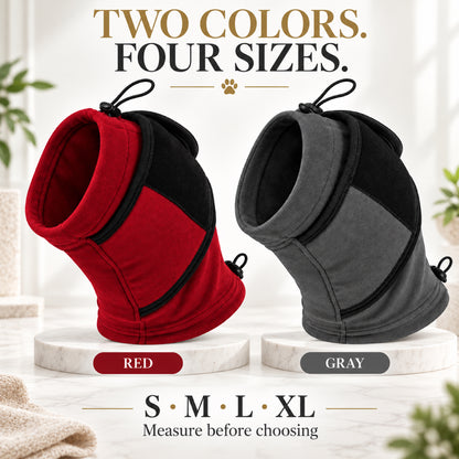 GAVPEPY Fleece-Style A-Shape Dog Head and Neck Wrap, Gray or Red in S, M, L and XL, for covering ears and neck during supervised cool-weather or noisy routines, walks, home, grooming and travel, an open face, layered neck section and adjustment image 4 - 3.jpg