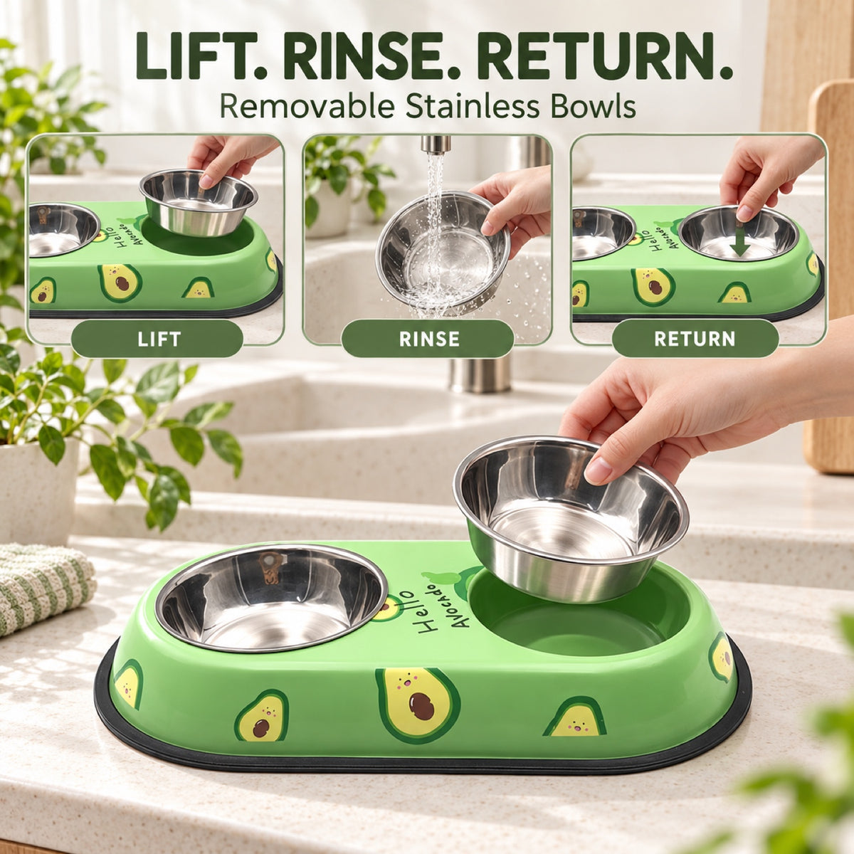 Avocado-Print Double Pet Bowl, 2 Sizes, By GAVPEPY image 4 - 3.jpg