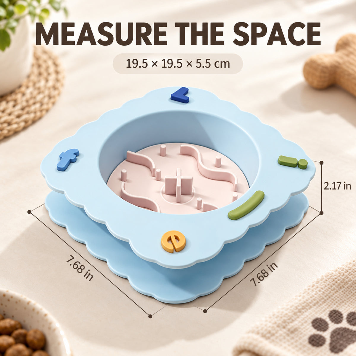GAVPEPY Silicone Patterned Slow Feeder Bowl, 19.5 x 19.5 x 5.5 cm, Sea Breeze Blue, Sunset Orange or Lemon Yellow, for Everyday Dog and Cat Meals or Water at Home, raised maze-like food channels; a patterned surface separates portions across the bowl image 4 - 3.jpg