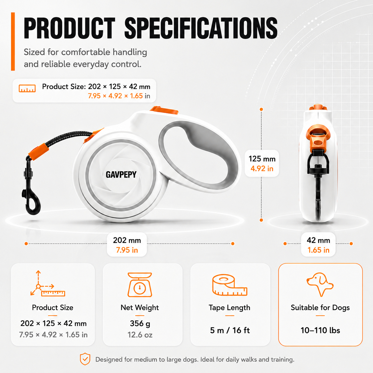 GAVPEPY Retractable Dog Leash, 5 M / 16 Ft Dog Walking Leash, One Hand Brake And Lock, 360 Degree Swivel Hook, For Dogs 10 To 110 Lb, By GAVPEPY image 3 - 3.png