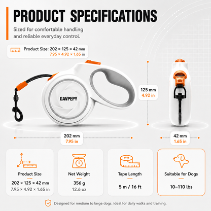 GAVPEPY Retractable Dog Leash, 5 M / 16 Ft Dog Walking Leash, One Hand Brake And Lock, 360 Degree Swivel Hook, For Dogs 10 To 110 Lb, By GAVPEPY image 3 - 3.png
