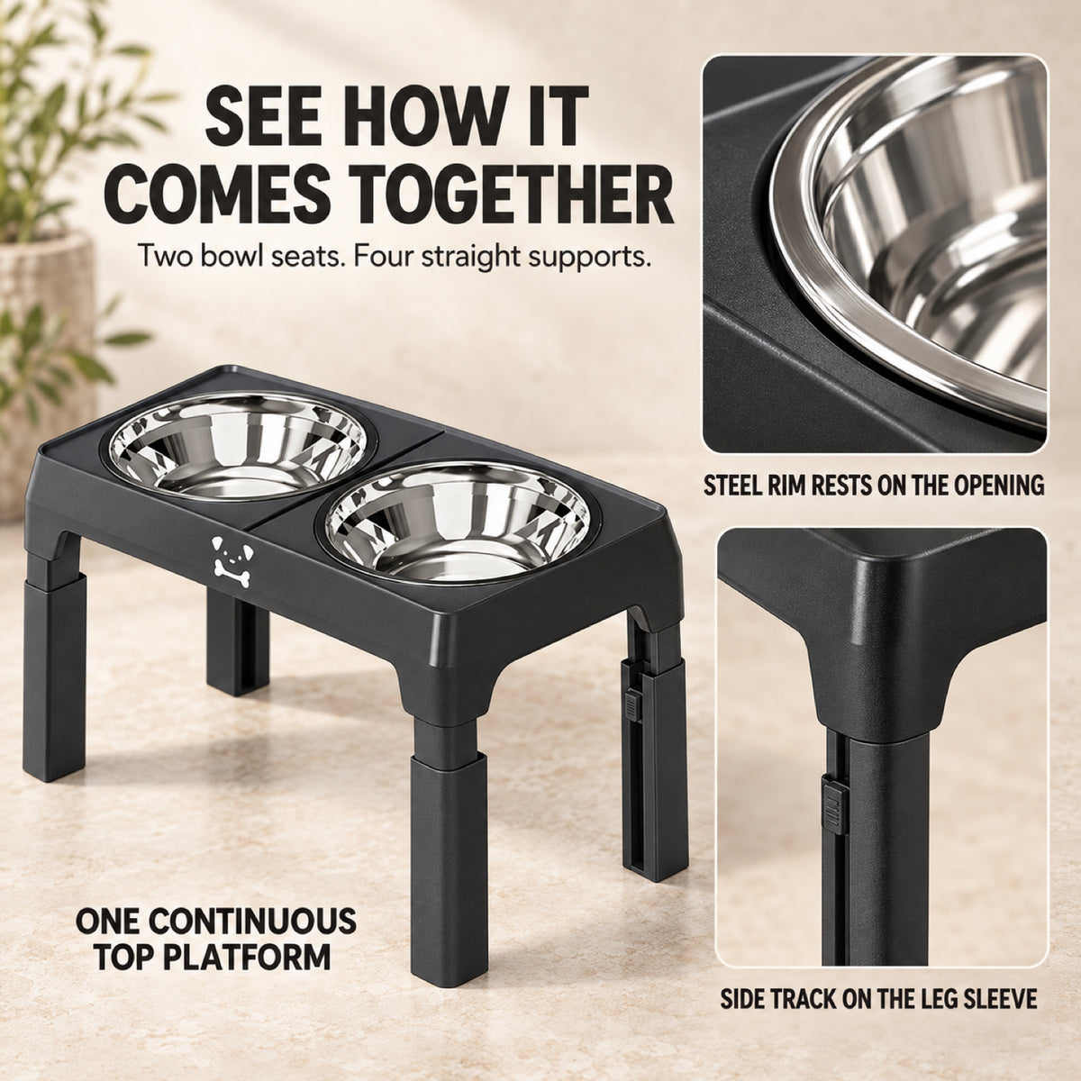 GAVPEPY Adjustable Double Stainless Steel Pet Bowl Stand, 43 x 24 x 8.5 cm, Black or Gray, for Everyday Dog and Cat Meals or Water at Home, two bowls in a foldable raised support; a practical feeding setup for daily pet-care routines image 4 - 3.jpg