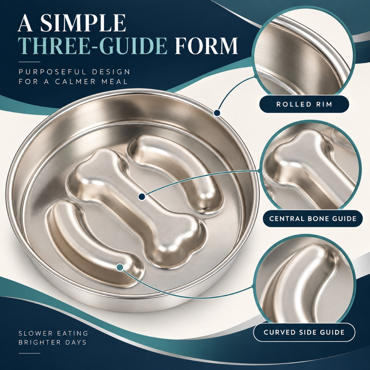 Bone-Print Stainless Steel Slow Feeder Bowl, 2 Base Options, By GAVPEPY image 4 - 3.jpg