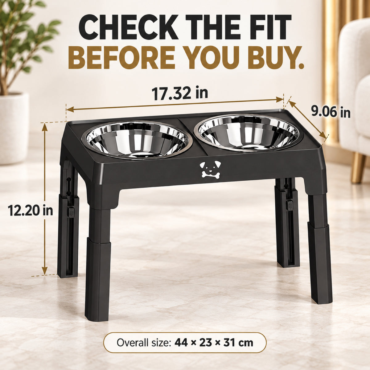 GAVPEPY Adjustable Raised Double Dog Bowl Stand, 44 x 23 x 31 cm, Black only, for Everyday Dog and Cat Meals or Water at Home, two stainless steel bowls in a height-adjustable frame; a practical feeding setup for daily pet-care routines image 4 - 3.jpg