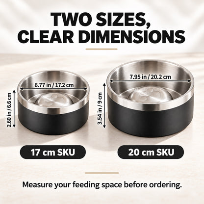 GAVPEPY Stainless Steel Slow Feeder Pet Bowl, 17 or 20 cm diameter, Classic Black, Navy Blue, White or Steel, for Everyday Dog and Cat Meals or Water at Home, raised central feeding ridges; a patterned surface separates portions across the bowl image 4 - 3.jpg