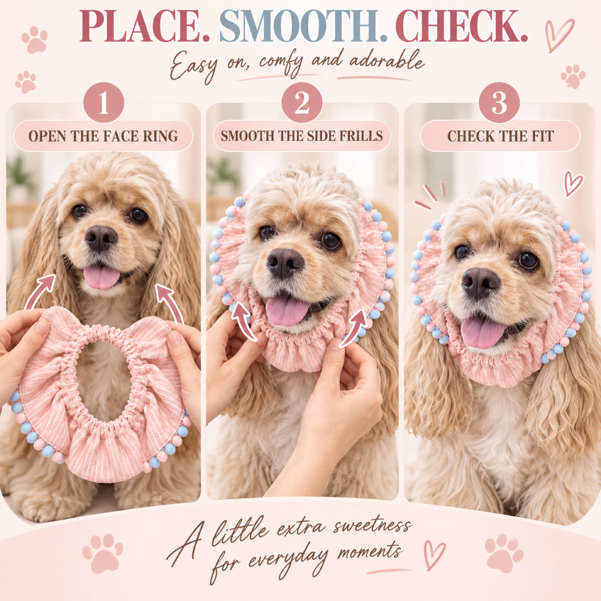 GAVPEPY Polyester Pink Lace Long-Ear Dog Snood, the LA96385 Pink Lace design in S, M and L, for holding long dog ears back during meals and supervised everyday routines, feeding, home grooming and short walks image 4 - 3.jpg