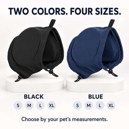 GAVPEPY Polyester Soft Dog Ear Cover Hood, Black or Blue in S, M, L and XL, for covering the ears during supervised noisy or breezy routines, home, grooming visits, travel and outdoor walks, a wraparound hood shape and top adjustment loop keep the image 4 - 3.jpg