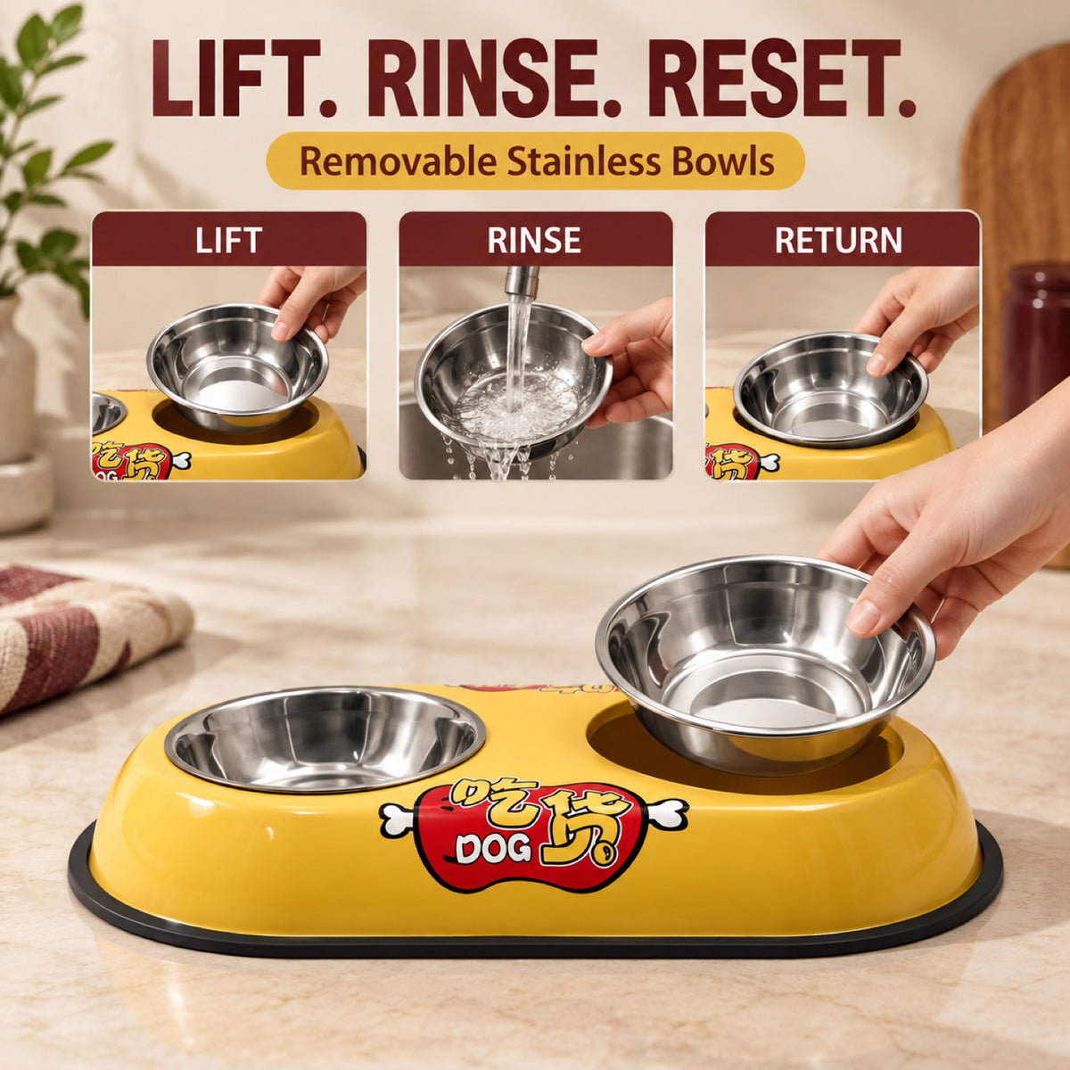 Foodie-Print Double Pet Bowl, 2 Sizes, By GAVPEPY image 4 - 3.jpg
