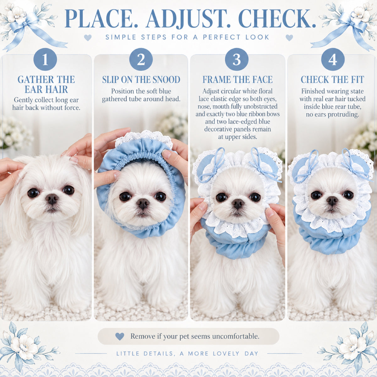 GAVPEPY Cotton Denim Long-Ear Dog Snood with Lace Trim, Light Blue or Medium Blue in S, M and L, for holding long ears and hair back during supervised meals and grooming, feeding time, home grooming and short walks image 4 - 3.jpg
