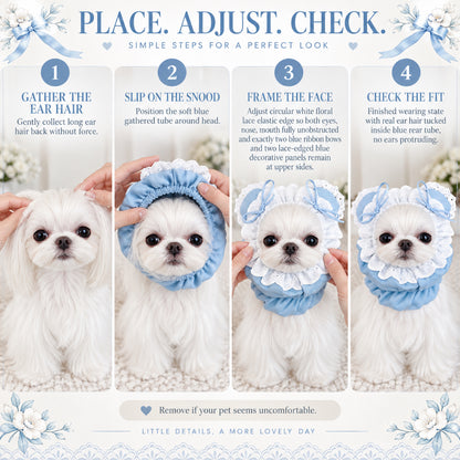 GAVPEPY Cotton Denim Long-Ear Dog Snood with Lace Trim, Light Blue or Medium Blue in S, M and L, for holding long ears and hair back during supervised meals and grooming, feeding time, home grooming and short walks image 4 - 3.jpg