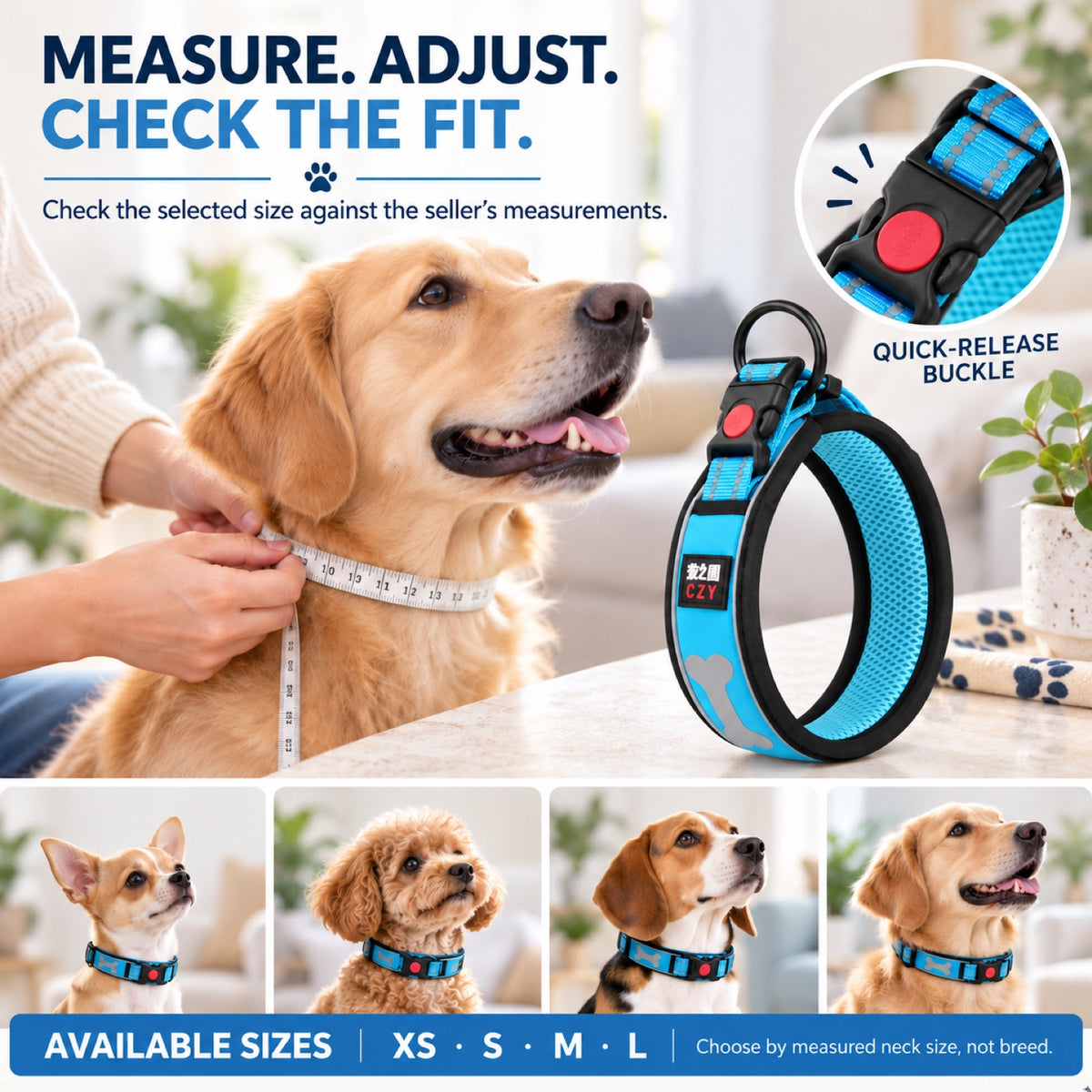 GAVPEPY Padded Mesh Dog Collar, Sizes XS, S, M, L, 5 color or pattern options, for neighborhood walks, park visits and daily dog wear; an adjustable neckwear option for supervised walks and everyday outings image 4 - 3.jpg