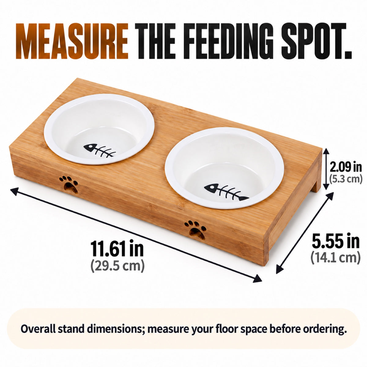 GAVPEPY Bamboo Stand with Two Ceramic Pet Bowls, stand 29.5 x 14.1 x 5.3 cm, natural bamboo and white bowls, for Everyday Dog and Cat Meals or Water at Home, two ceramic bowls seated in a low bamboo frame; a practical feeding setup for daily image 4 - 3.jpg