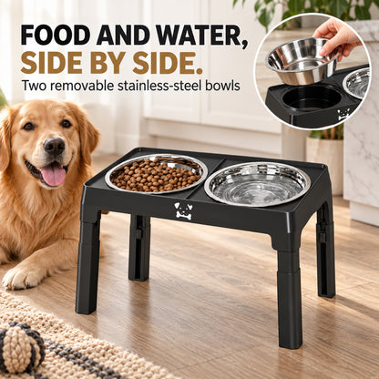 GAVPEPY Adjustable Raised Double Pet Feeder, 43 x 24 x 8.5 cm, Black or Steel Gray, for Everyday Dog and Cat Meals or Water at Home, two bowl positions in a plastic support; a practical feeding setup for daily pet-care routines image 4 - 3.jpg