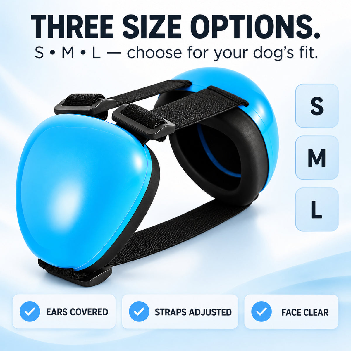 GAVPEPY ABS-Shell Blue Dog Ear Muffs, Blue in S, M or L size options, for covering both ears during supervised noisy pet-care routines, grooming, travel, home events and other supervised outings, smooth blue ear cups, dark inner pads and adjustable image 4 - 3.jpg