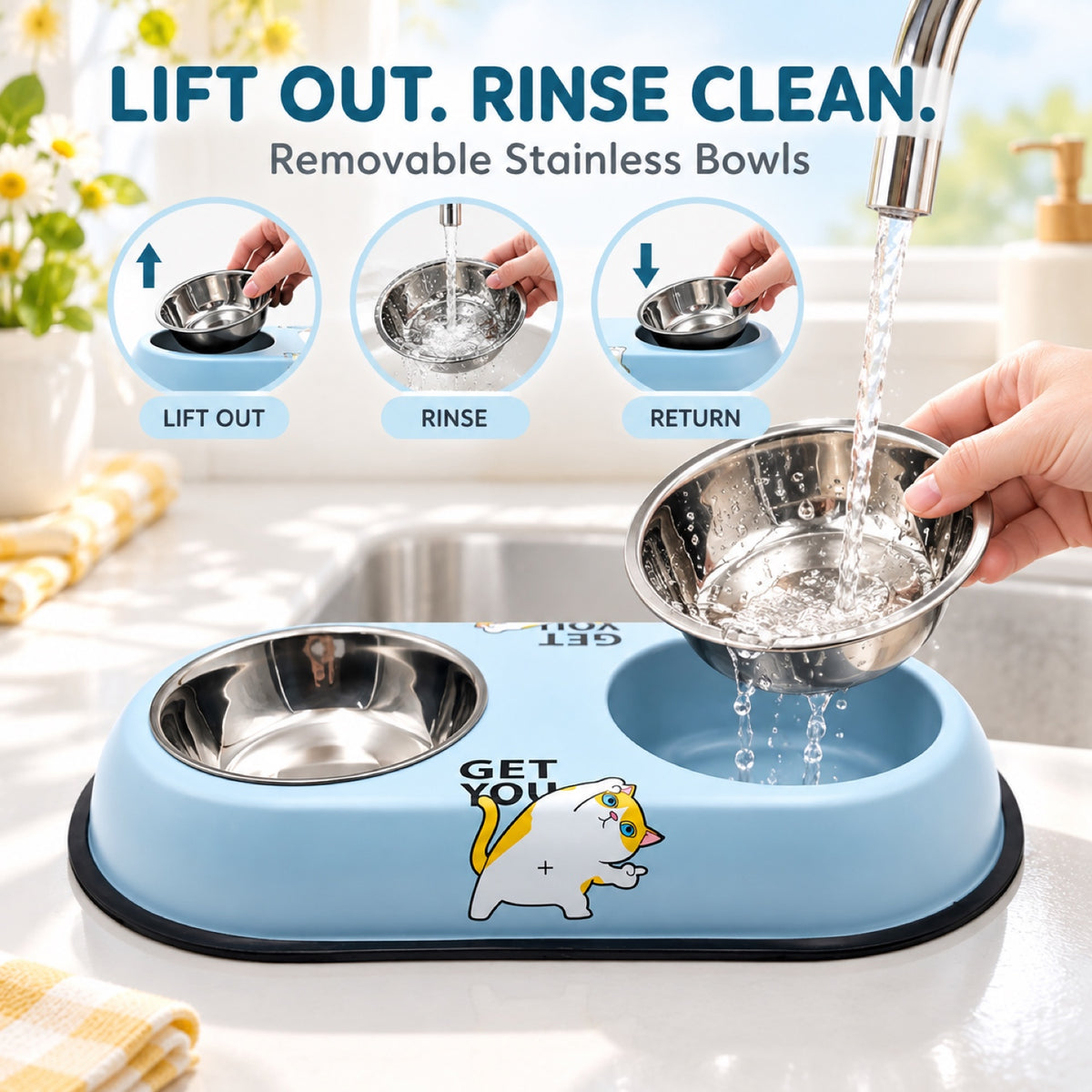 Cat-Print Double Pet Bowl, 2 Sizes, By GAVPEPY image 4 - 3.jpg