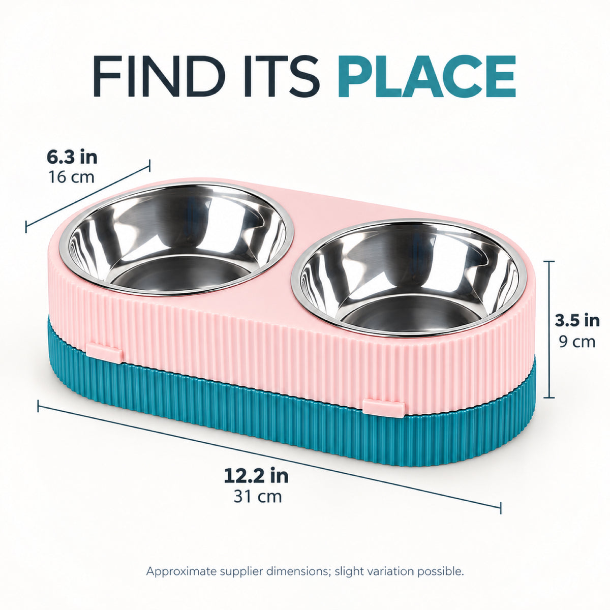 GAVPEPY Stainless Steel Double Pet Bowl Set, 31.5 x 16.5 x 9.3 cm, Pink and Green or Blue and Yellow, for Everyday Dog and Cat Meals or Water at Home, two removable-looking bowls in a joined base; a practical feeding setup for daily pet-care routines image 4 - 3.jpg
