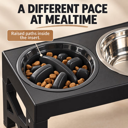 GAVPEPY Adjustable Raised Double Pet Feeder, 44 x 23 x 8 cm, Black, for Everyday Dog and Cat Meals or Water at Home, one textured feeding area and one round metal-look bowl; a practical feeding setup for daily pet-care routines image 4 - 3.jpg