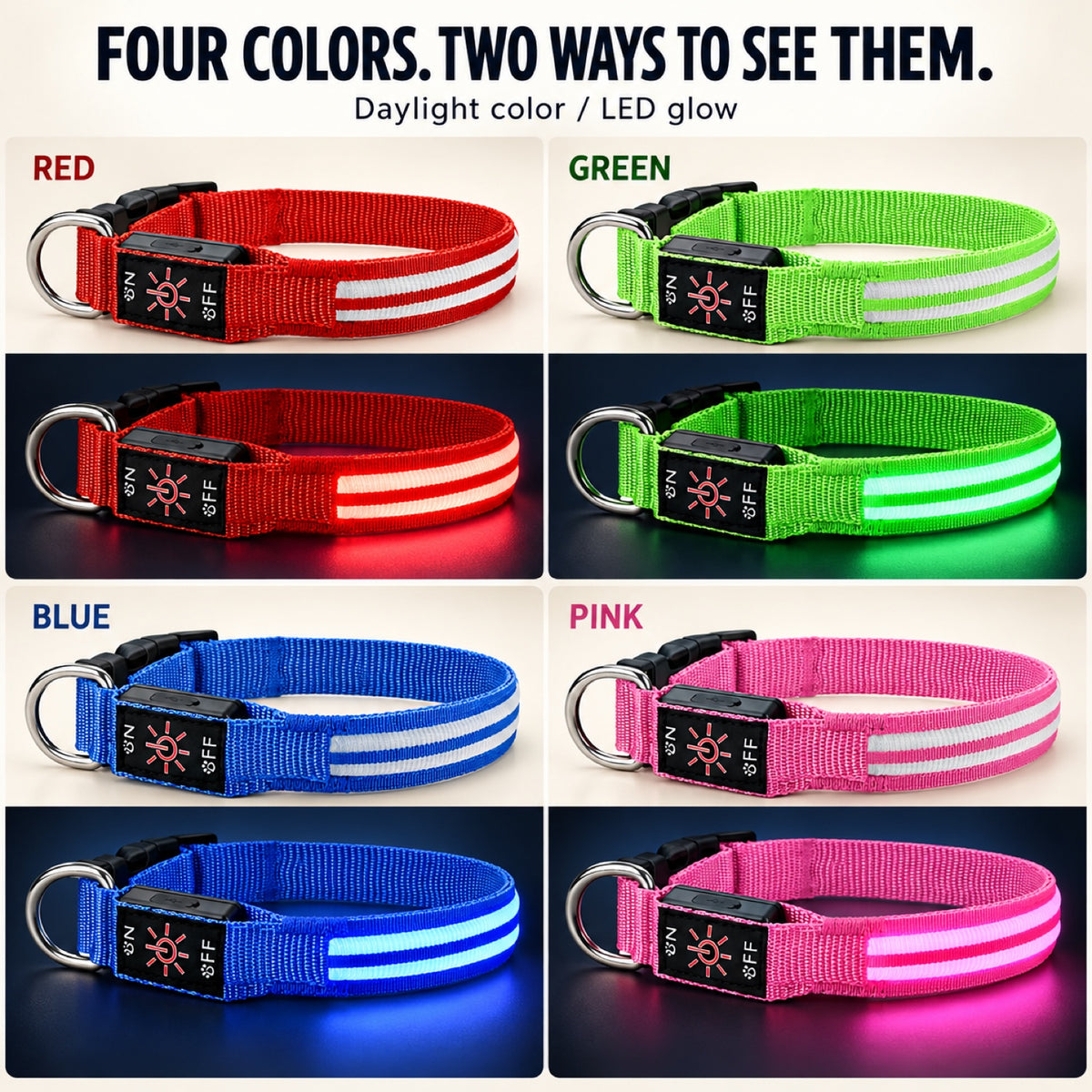GAVPEPY Woven webbing LED Light-Up Dog Collar, Sizes S, M, L, Red, Green, Blue, Pink, for neighborhood walks, park visits and daily dog wear; an adjustable neckwear option for supervised walks and everyday outings image 4 - 3.jpg