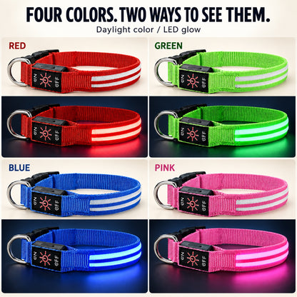 GAVPEPY Woven webbing LED Light-Up Dog Collar, Sizes S, M, L, Red, Green, Blue, Pink, for neighborhood walks, park visits and daily dog wear; an adjustable neckwear option for supervised walks and everyday outings image 4 - 3.jpg