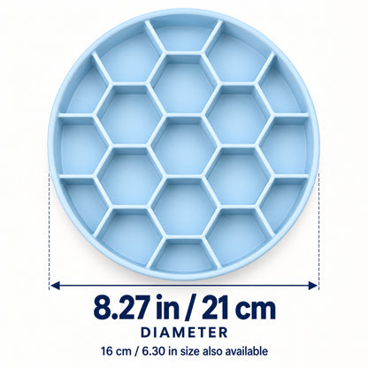 GAVPEPY Silicone Honeycomb Slow Feeder Bowl, 21 cm diameter, Blue, Green or Orange, for Everyday Dog and Cat Meals or Water at Home, raised honeycomb-style channels; a patterned surface separates portions across the bowl image 4 - 3.jpg