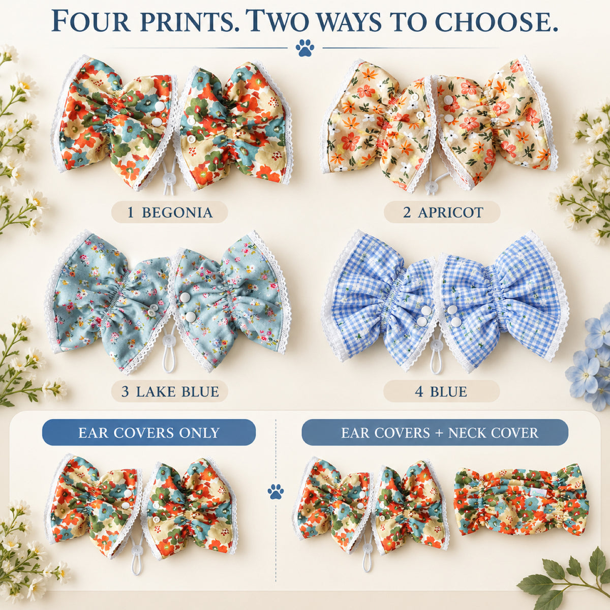 GAVPEPY Cotton Floral Long-Ear Dog Cover, Begonia, Apricot, Lake Blue or Blue patterns in Ear Cover Only or Ear Cover with Neck Cover packages, for keeping long ear hair tidier during meals and supervised daily routines, meals, grooming and daily use image 4 - 3.jpg
