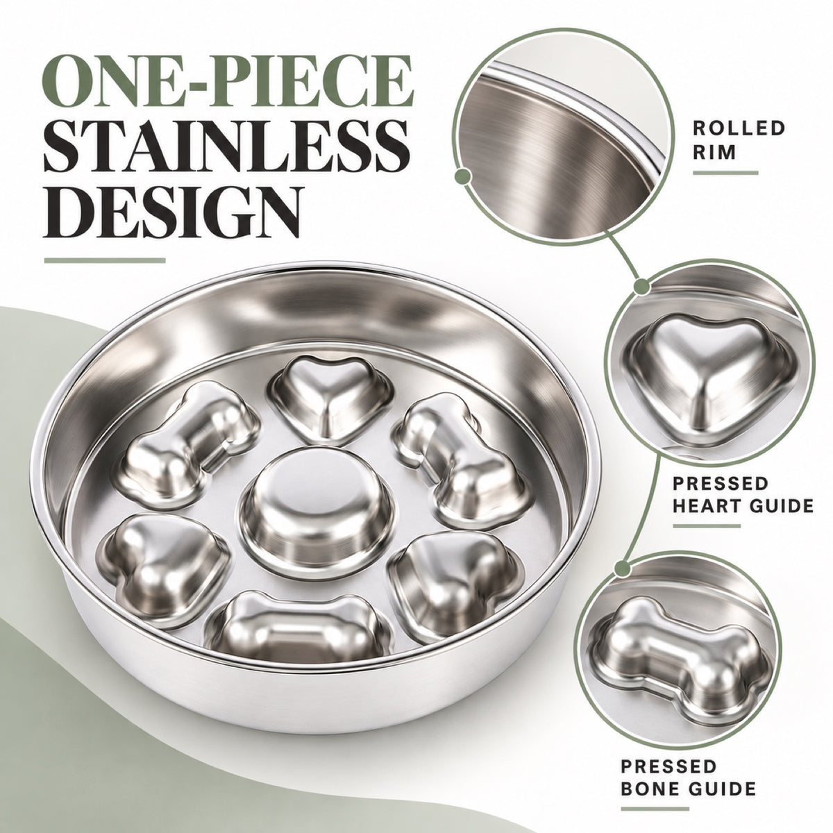 Round Bone-Print Stainless Steel Slow Feeder Bowl, 3 Base Options, By GAVPEPY image 4 - 3.jpg