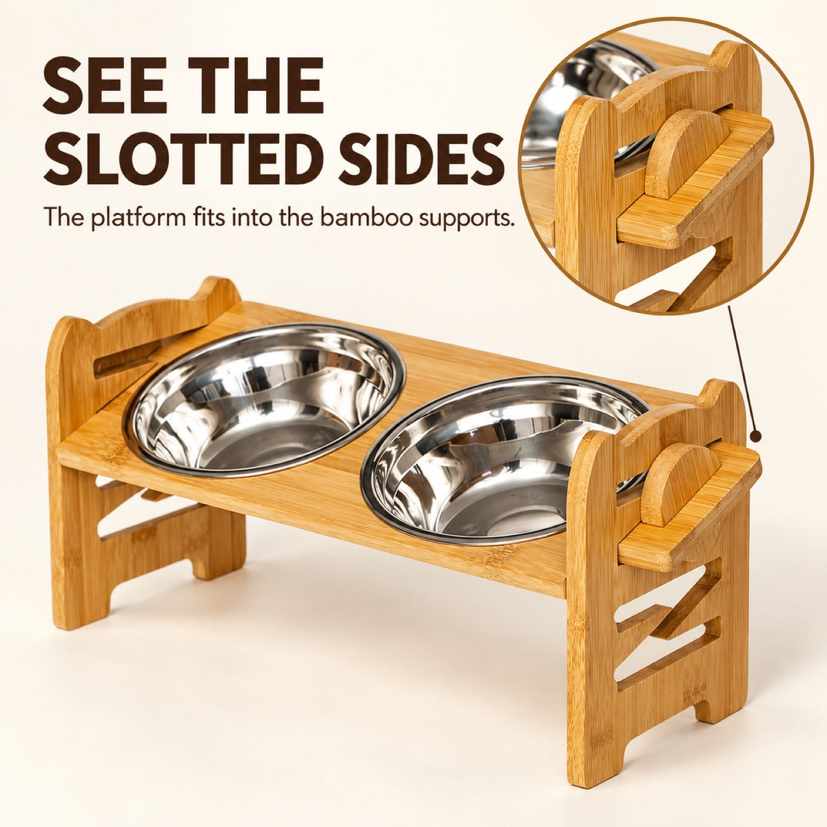 GAVPEPY Bamboo Double Pet Bowl Stand, three frame sizes from 42 to 42.5 cm wide, natural bamboo, for Everyday Dog and Cat Meals or Water at Home, two bowl positions in a raised bamboo frame; a practical feeding setup for daily pet-care routines image 4 - 3.jpg