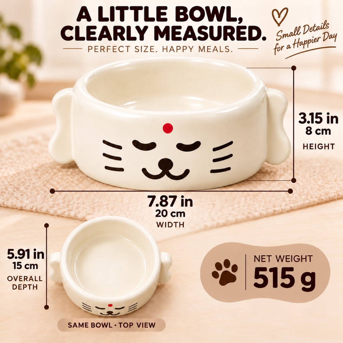 GAVPEPY Ceramic Sculpted Pet Feeding Bowl, 20 x 15 x 8 cm, cream finish, for Everyday Dog and Cat Meals or Water at Home, sculpted character-shaped exterior and open bowl; a practical feeding setup for daily pet-care routines image 4 - 3.jpg