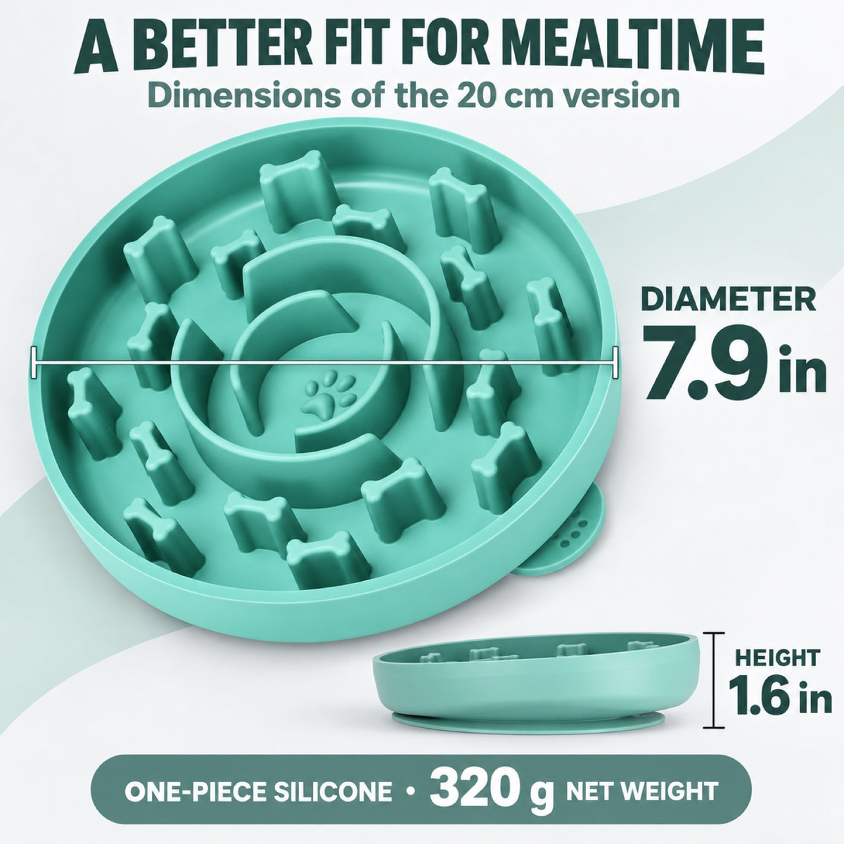 GAVPEPY Silicone Textured Slow Feeder Bowl, 20 x 20 x 4 cm, teal finish, for Everyday Dog and Cat Meals or Water at Home, raised pattern across the feeding surface; a patterned surface separates portions across the bowl image 4 - 3.jpg