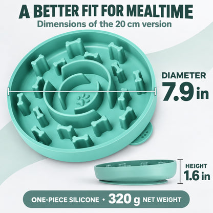 GAVPEPY Silicone Textured Slow Feeder Bowl, 20 x 20 x 4 cm, teal finish, for Everyday Dog and Cat Meals or Water at Home, raised pattern across the feeding surface; a patterned surface separates portions across the bowl image 4 - 3.jpg