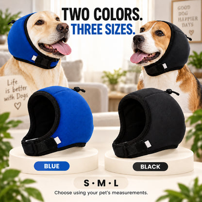 GAVPEPY Polyester Padded Dog Ear Cover Hood, Black or Blue in S, M and L, for covering canine ears during supervised noisy routines, home, travel, grooming visits and outdoor events, a smooth outer panel, dark inner lining and adjustable lower tab image 4 - 3.jpg